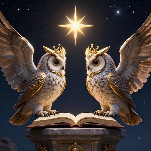 Digital art of two crowned owls with spread wings standing on an open book under a bright starry night sky.