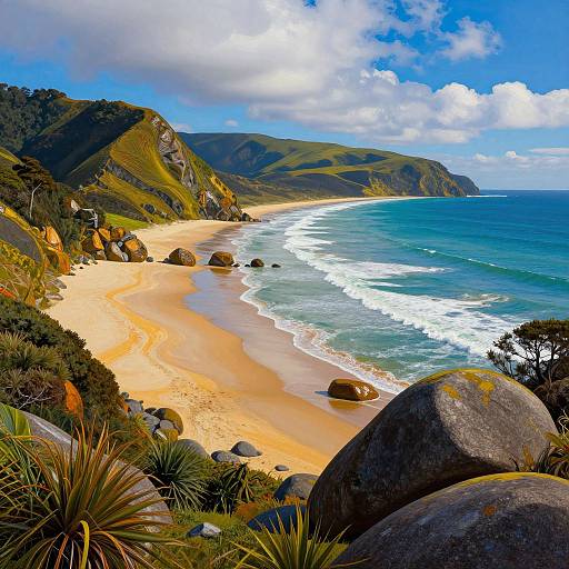Photograph of a sunlit, golden sandy beach with turquoise waves, large rocks, and green hills under a bright blue sky with fluffy clouds.