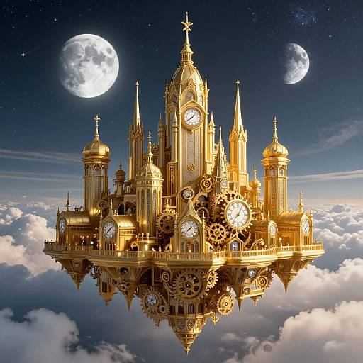 Gothic clockwork floating palace with golden spires, gears, and clock faces, set against a night sky with two bright moons.