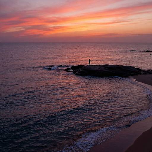 Photograph of a serene sunset over a rocky coastline, with a lone figure standing on the rocks, waves gently crashing, and a vibrant pink-orange sky