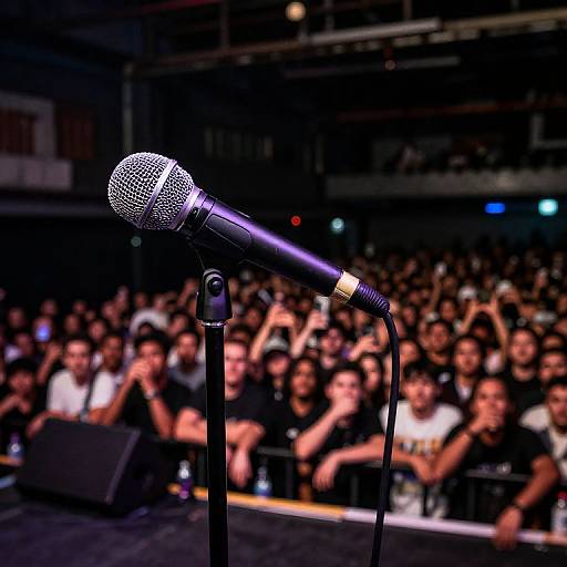 Photograph of a crowded live concert, focusing on a silver microphone with a black stand in the foreground, against a blurred audience.