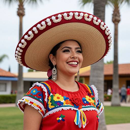Photograph of a smiling Latina woman in a vibrant red embroidered dress and large, decorated sombrero, standing outdoors with palm trees and a building in the