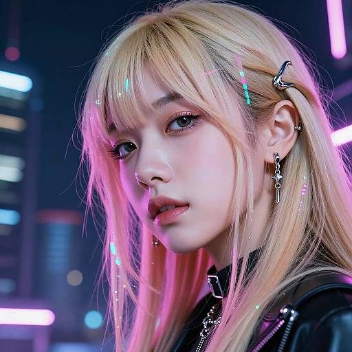 Digital portrait of a blonde woman with glowing neon lights in her hair, wearing a black leather jacket, set against a futuristic cityscape backdrop. Cyberpunk