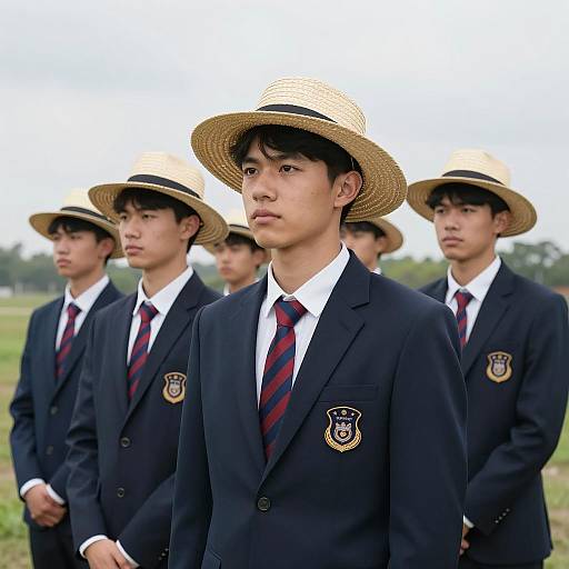 Five Young Men in Navy Suits Outdoors