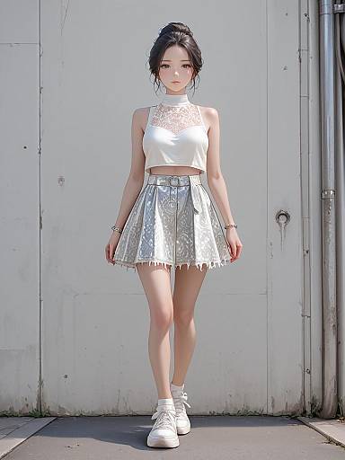 Chic Woman in White Cropped Top and Metallic Mini Skirt