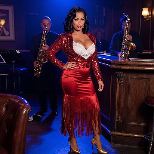 Photograph of a curvy woman with dark hair in a sparkling red sequin dress with fringe, low neckline, and heels, standing confidently in a
