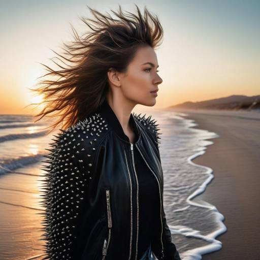 Woman with Spiked Jacket on Beach at Sunset