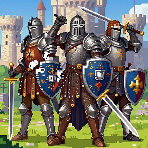 Pixel art of two armored knights with swords and shields, standing triumphantly in front of a castle, both with brown beards.