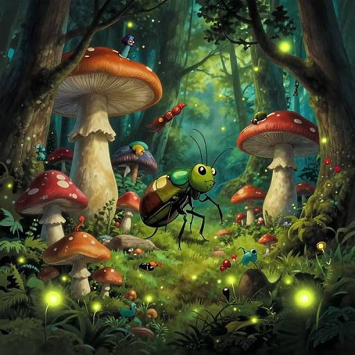 Whimsical forest scene with a colorful, cartoonish beetle, red-capped mushrooms, glowing fireflies, and vibrant foliage illuminated by soft green light