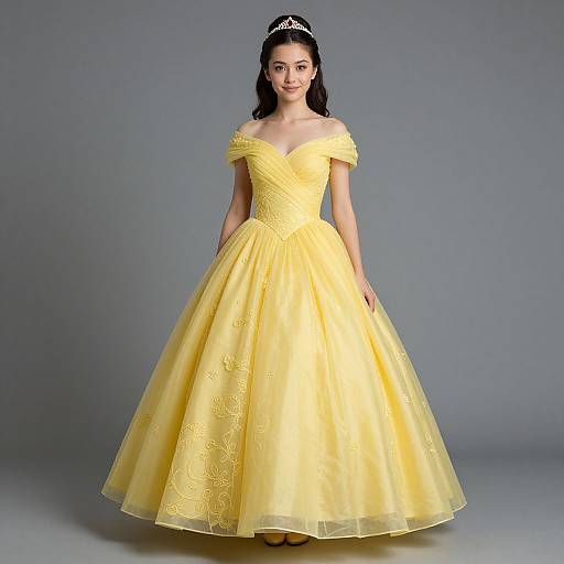 Photograph of a young woman with fair skin and dark hair, wearing an off-shoulder, yellow, fairy-tale-style ball gown with intricate