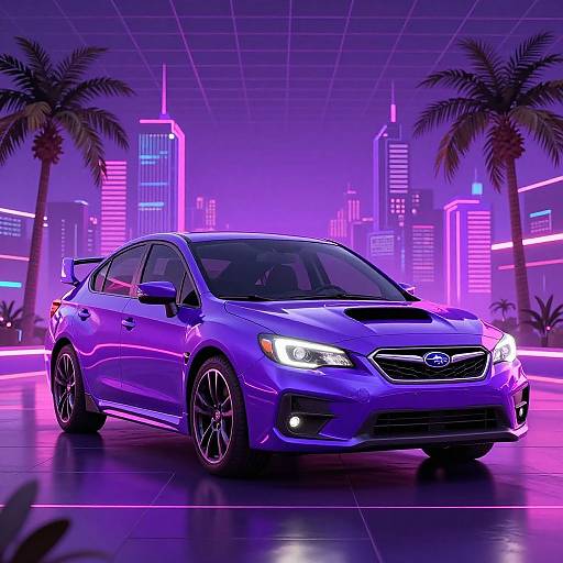 Neon-lit photograph of a sleek, silver Ford sedan with purple and pink accents, parked in front of futuristic palm trees and glowing skyscrapers