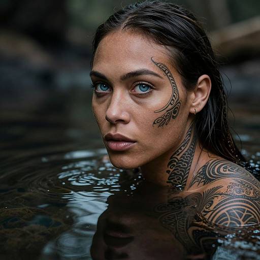 Photograph of a tattooed woman with wet, dark hair and striking blue eyes, partially submerged in dark, murky water. Her intricate arm and facial