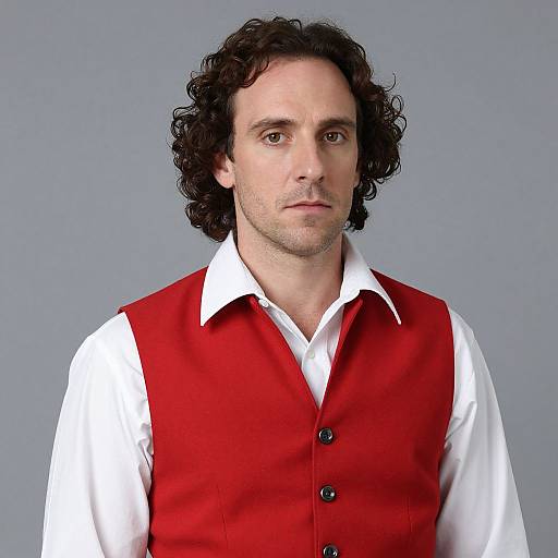 Photograph of a serious-looking man with curly dark hair, wearing a white shirt and red vest, against a gray background.