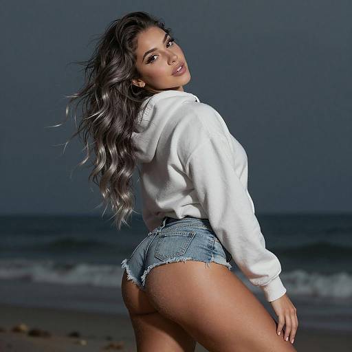 Playful Woman by Ocean in Hoodie and Denim Shorts