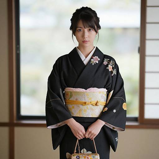 Photograph of a young Japanese woman in a black kimono with floral embroidery, yellow obi, holding a small basket, standing in a sunlit