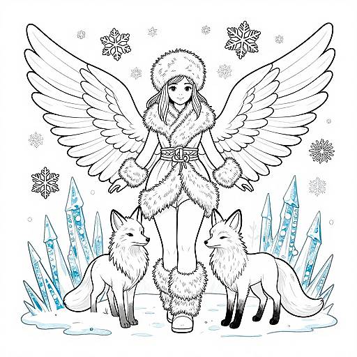 Line art illustration of an angelic figure with wings, fur-trimmed outfit, standing between two foxes, surrounded by ice crystals.
