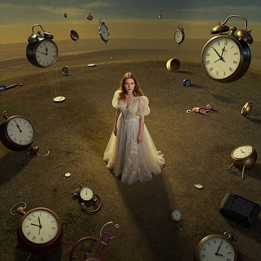 Photograph of a young woman in a white lace dress surrounded by floating, oversized clocks in a surreal, twilight landscape.
