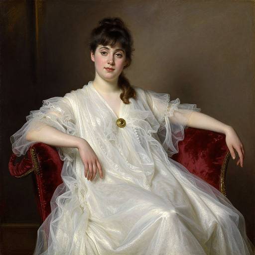 Painting of a pale-skinned woman with dark hair, wearing a white, sheer, layered dress, seated on a red velvet chair.