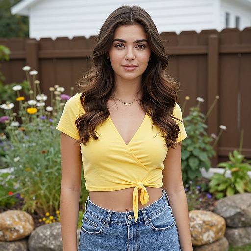Photograph of a young woman with long, wavy brown hair, wearing a yellow tie-front crop top and high-waisted blue jeans, standing