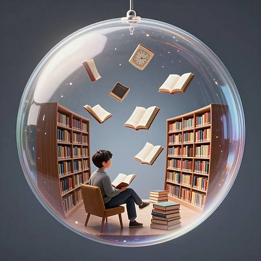 Digital illustration of a young boy in a transparent bubble reading, surrounded by floating books and open books, with two bookshelves in the background.