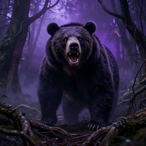 Digital artwork of a snarling black bear in a dark, misty forest, illuminated by purple moonlight, with detailed fur and menacing expression.