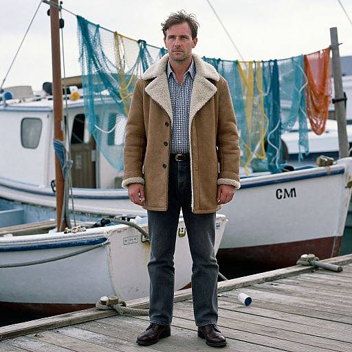 Photograph of a middle-aged man with short brown hair, wearing a tan coat with sheepskin collar, checkered shirt, and dark jeans, standing