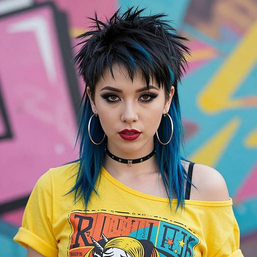 Photograph of a punk-style woman with blue-black spiky hair, red lipstick, hoop earrings, black choker, yellow 
