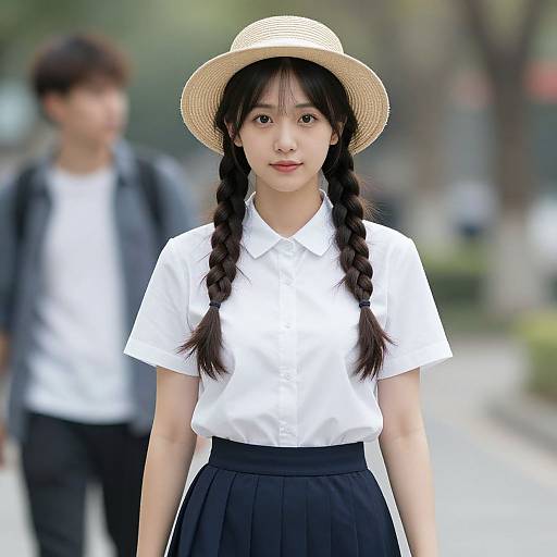 Photograph of an Asian teenage girl with braided hair, wearing a white blouse and black skirt, straw hat, and blurred background with a boy in