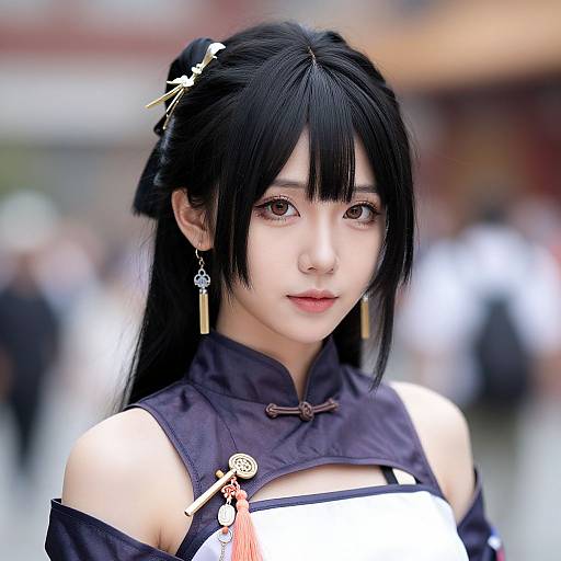 Photograph of an East Asian woman with long black hair in a traditional Chinese dress, featuring intricate hairpins, earrings, and a high-collared