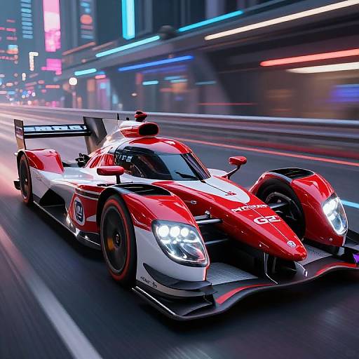 Photorealistic CGI of a red and white racing car speeding through a neon-lit urban night, with blurred light trails and colorful signs in the background