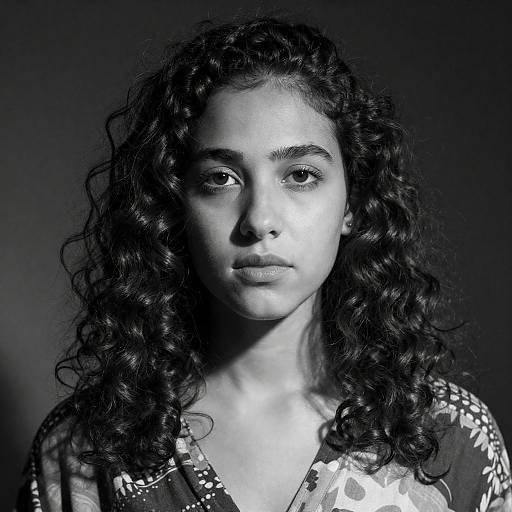 Black and White Portrait of Young Woman with Curly Hair