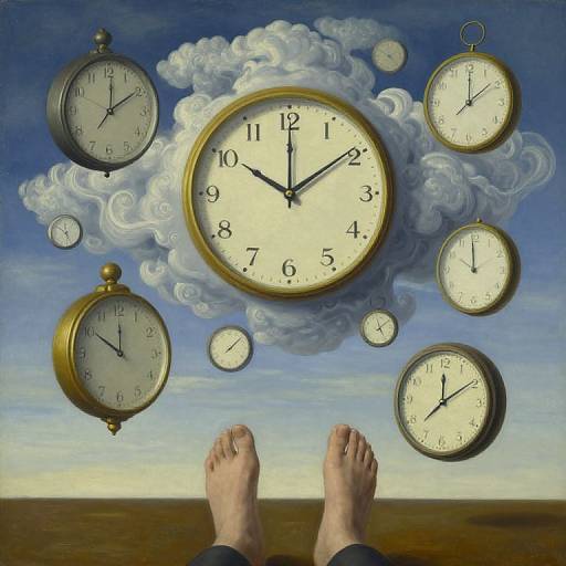 Surreal painting of multiple clocks in clouds, with two bare feet at the bottom against a blue sky. Digital art.