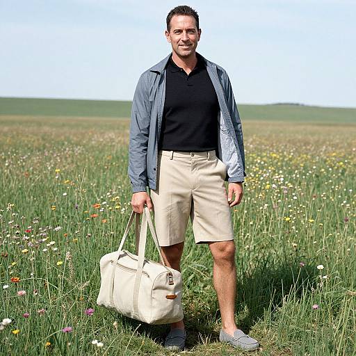 Photograph of a smiling middle-aged man with short dark hair, wearing a blue jacket, black shirt, beige shorts, and gray shoes, standing in