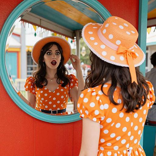 Photograph of a woman with dark hair, wearing an orange polka dot dress, matching hat, and belt, looking at her reflection in a circular