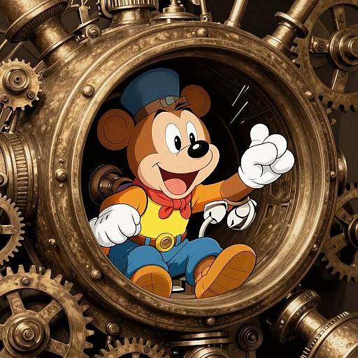 Colorful cartoon bear in blue hat, yellow shirt, and red bandana, sitting joyfully inside a large, intricate brass gear mechanism. Digital illustration