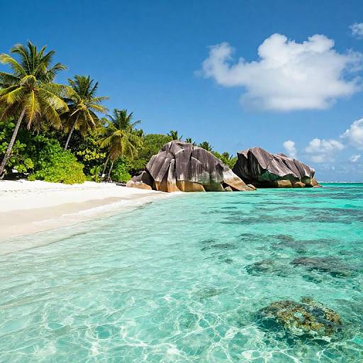 Photograph of a tropical beach with clear turquoise water, white sand, palm trees, and large dark rocks under a bright blue sky.