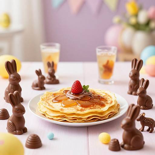Photograph of a pancake with syrup and a strawberry, surrounded by chocolate bunny and egg decorations on a white table.