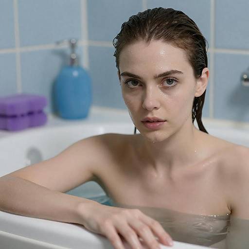 Dramatic Bathtub Portrait with Blue Tiles