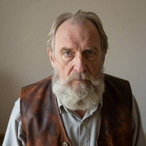 Photograph of an elderly man with a white beard, blue eyes, and gray hair, wearing a brown patterned vest over a white shirt, against