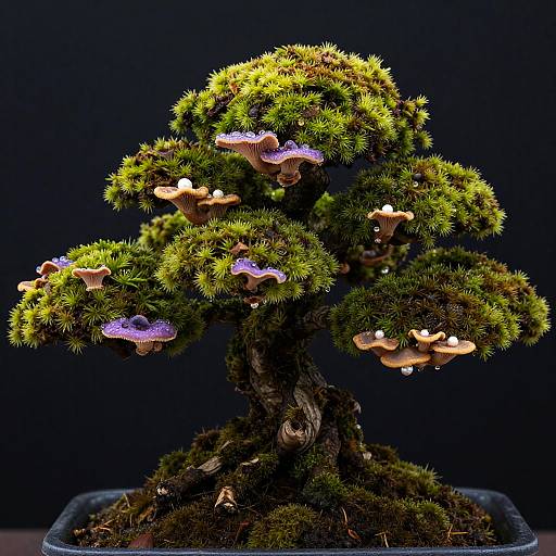 Moss-Covered Bonsai Twigs with Dewdrops and Fungi