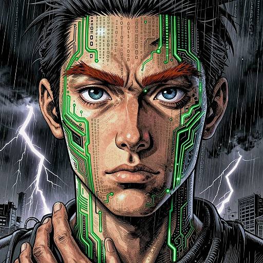 Digital artwork of a serious, blue-eyed man with neon green circuit patterns on his face, lightning bolts in a stormy sky background, and a hand