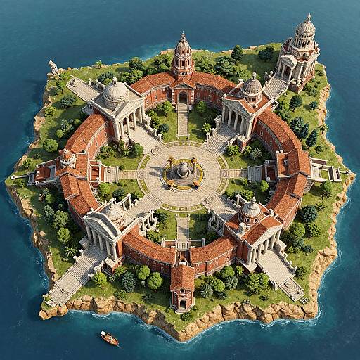 Aerial CGI of a circular, red-roofed island temple with four domed buildings, surrounded by lush greenery and blue ocean.