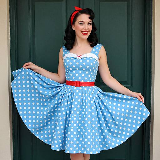 Vintage-style photograph of a smiling woman with black hair, red headband, blue polka dot dress, red belt, and dark green door background.
