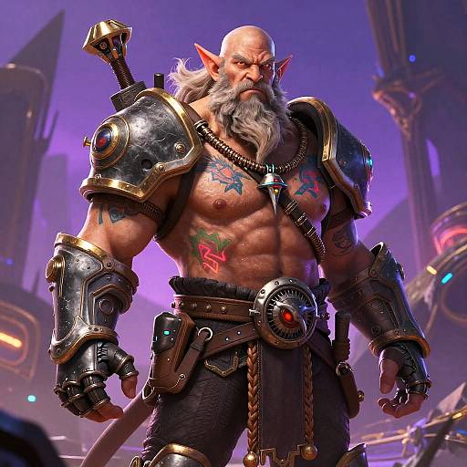 Digital art of a muscular, bald, bearded elf warrior with pointed ears, tattoos, and armored pauldrons, standing in a futuristic, neon