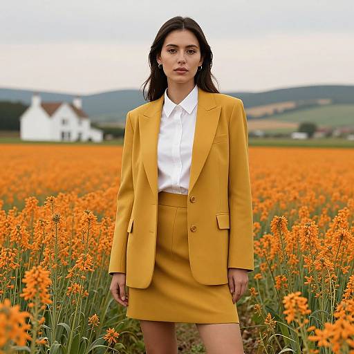 Photograph of a young woman with medium-length dark hair, wearing a yellow blazer and skirt, white shirt, standing in an orange flower field with