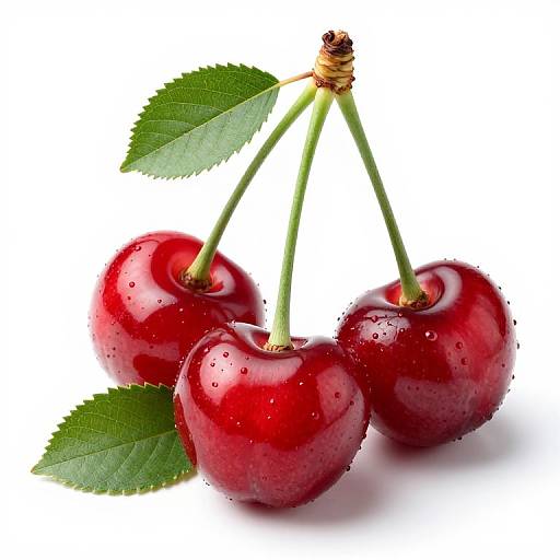 Glossy Red Cherries with Leaves