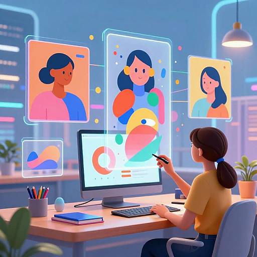 Digital illustration of a woman in a yellow shirt working on a desk, designing cartoon portraits of women on a computer screen. Bright, colorful, modern office