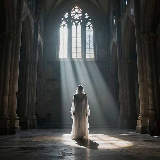 Photograph of a cloaked, hooded figure standing in a dark, Gothic cathedral, illuminated by bright rays of sunlight through a large, arched