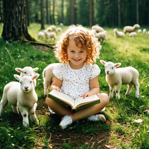 Toddler Reading to Lambs in Sunlit Forest Meadow Toddler Reading to Lambs in Sunlit Forest Meadow