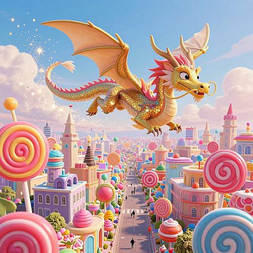 Digital illustration of a golden dragon with pink spikes flying over a whimsical, candy-themed city with colorful buildings and giant lollipops. Bright blue